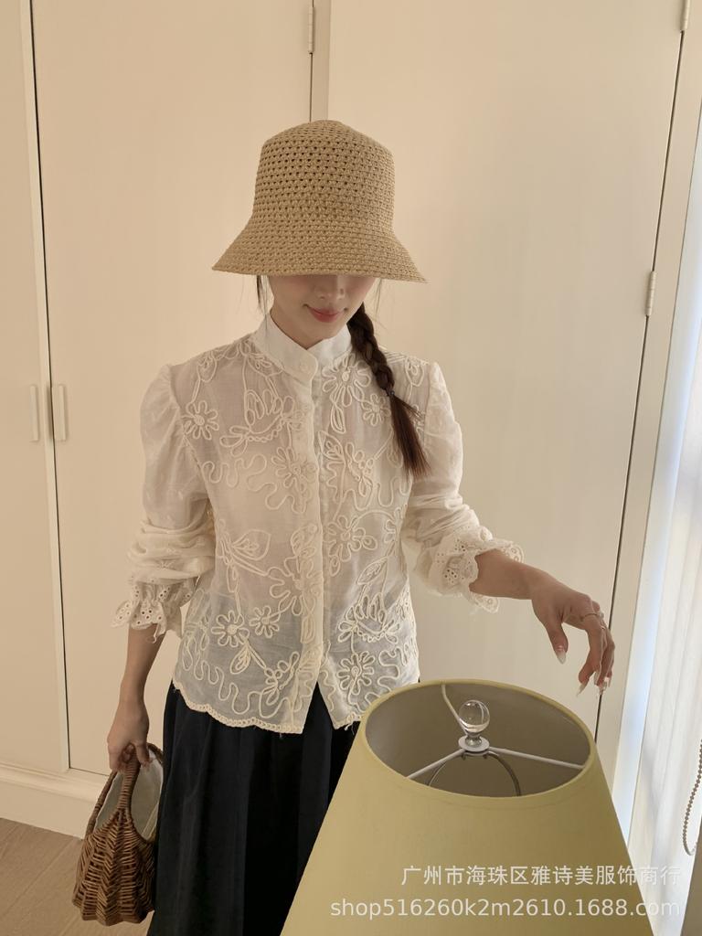 Elegant Women's Lace Crochet Stand Collar Shirt - Early Spring Slim Fit, Long Sleeve Design