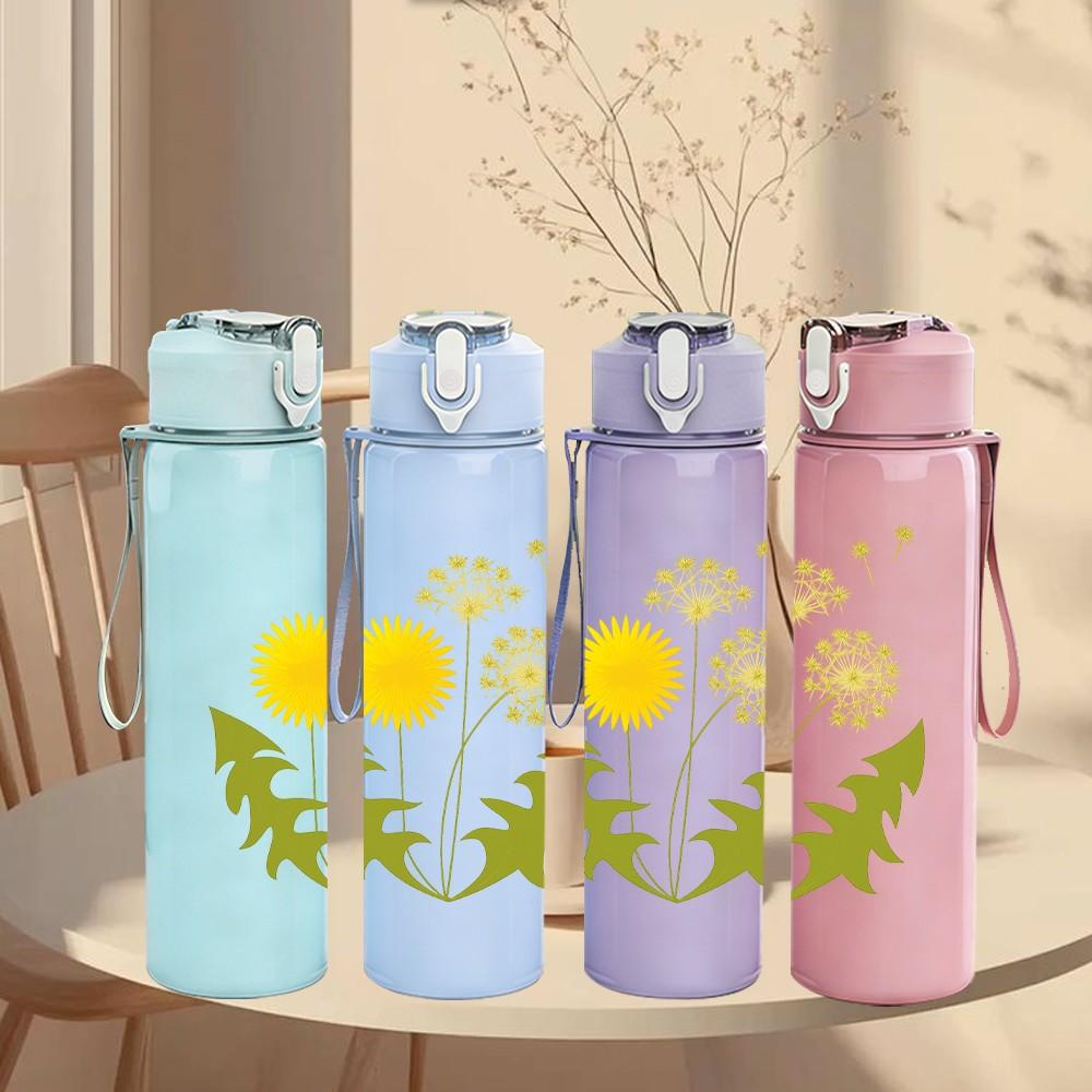 1PC Dandelion Floral Art 750ml Color Plastic Sports Water Bottle Leakproof Flip Straw Lid Suitable for Sports Office Home Use