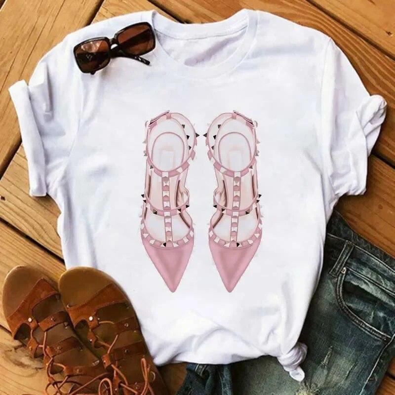 Maycaur Pinke High Heels Blumen Taschendruck T-Shirt Damen Trendy Hipster Harajuk Kawaii Kurzarm Oberteile T-Shirt Femme Kleidung Unisex