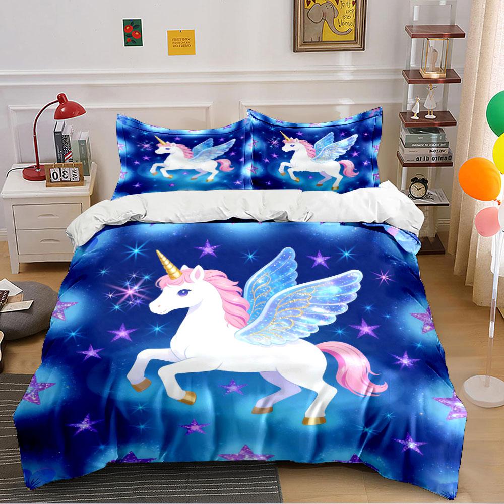 Unicorn with Wings and Stars Bedding Duvet Cover Set (1*Duvet Cover 2*Pillowcases, without duvet insert)