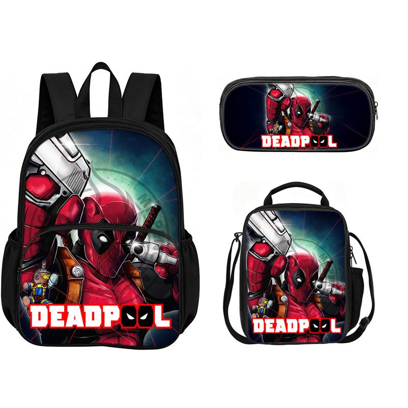 Deadpool  School 3Pcs Set with Front Pocket Backpack+lunch Bags+Pencil Bag Fashion Schoolbag Backpack Trend Kids Gift