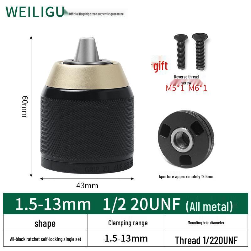 Self-Locking Ratchet Drill Chuck 1.5-13mm Quick-Change Adapter, 20/24UNF.