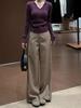 Women's Wide-Leg Khaki Suit Pants, Plus Size, Coffee Color, Spring Arrival, Popular Old Money Style Trousers