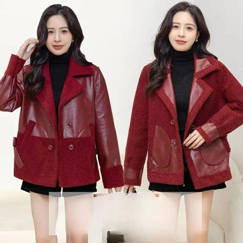 Leather Women's Plus Velvet Thickened Autumn and Winter Wear Loose Winter Western Style Short Ladies Leather Jacket on Both Sides