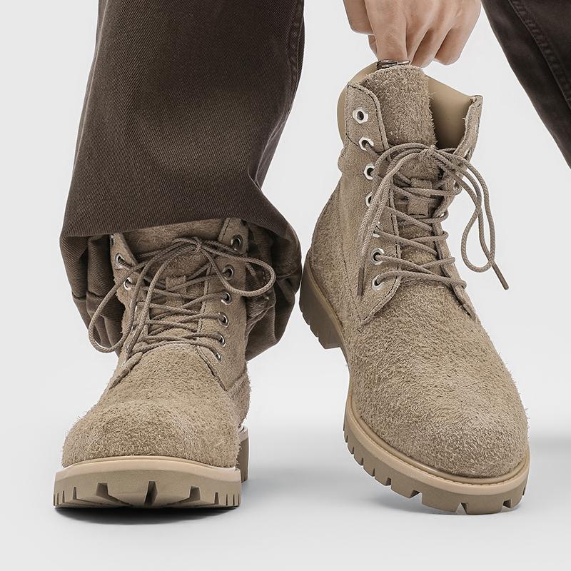 Binchi Fitness Men's Khaki New Four-Season Thick-Soled Height-Increasing Work Boots, Outdoor Hiking Shoes, American High-Top Motorcycle Casual Shoes Cm