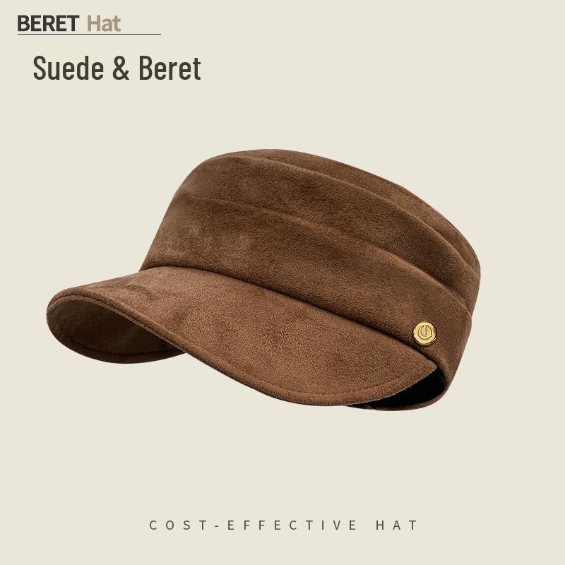 Women's Ruched Suede Flat Top Equestrian Hat - Warm Autumn/Winter Newsboy Cap with Face-Slimming Duckbill Design