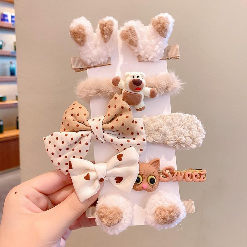 Autumn & Winter Plush Bear Hair Accessories: Cute Milk Coffee Wool Flower Butterfly Hairpin for Children