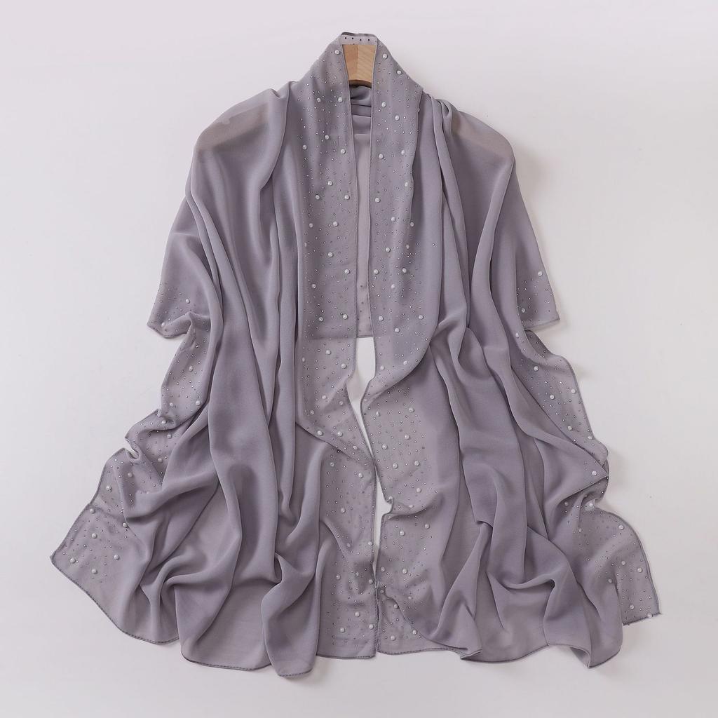 Pearl Chiffon Scarf With Ceramic Diamond Long Shawl For Women