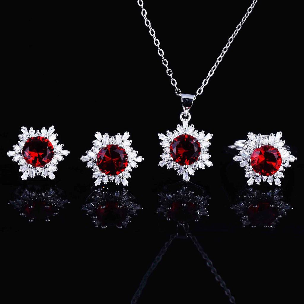 Set bijuterii de mireasă european și american: Colier Zircon cu Diamante Complete, Cercei, Inel cu Fulg de Nea Creativ și Pietre Prețioase Colorate