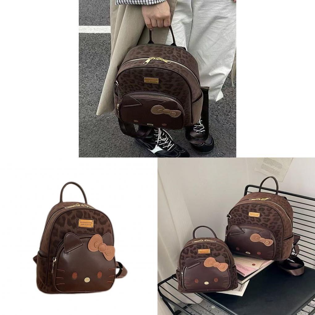 Hello Kitty Leopard Print Cat Backpack With Waterproof Pu Material For Daily Use