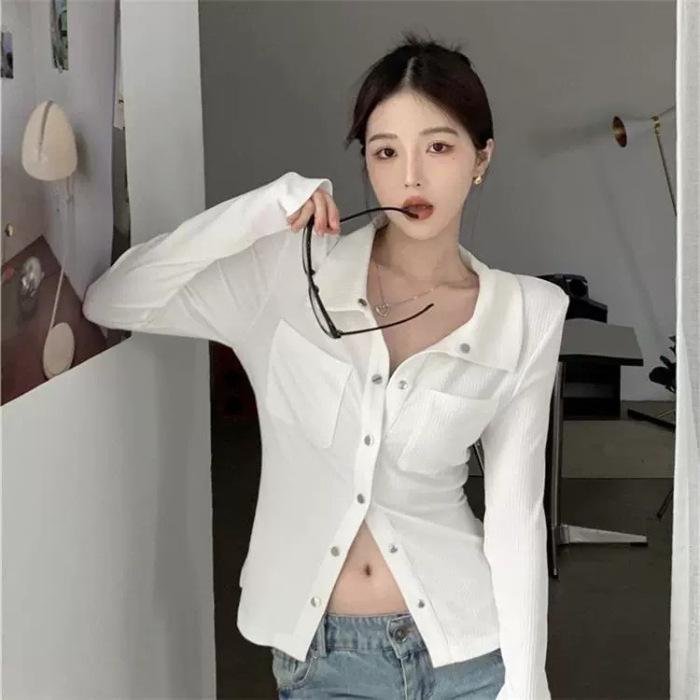 

MR has been shipped, large size polo collar long-sleeved front shoulder T-shirt autumn women s clothing fat mm bottoming shirt knitted top women s XL білий
