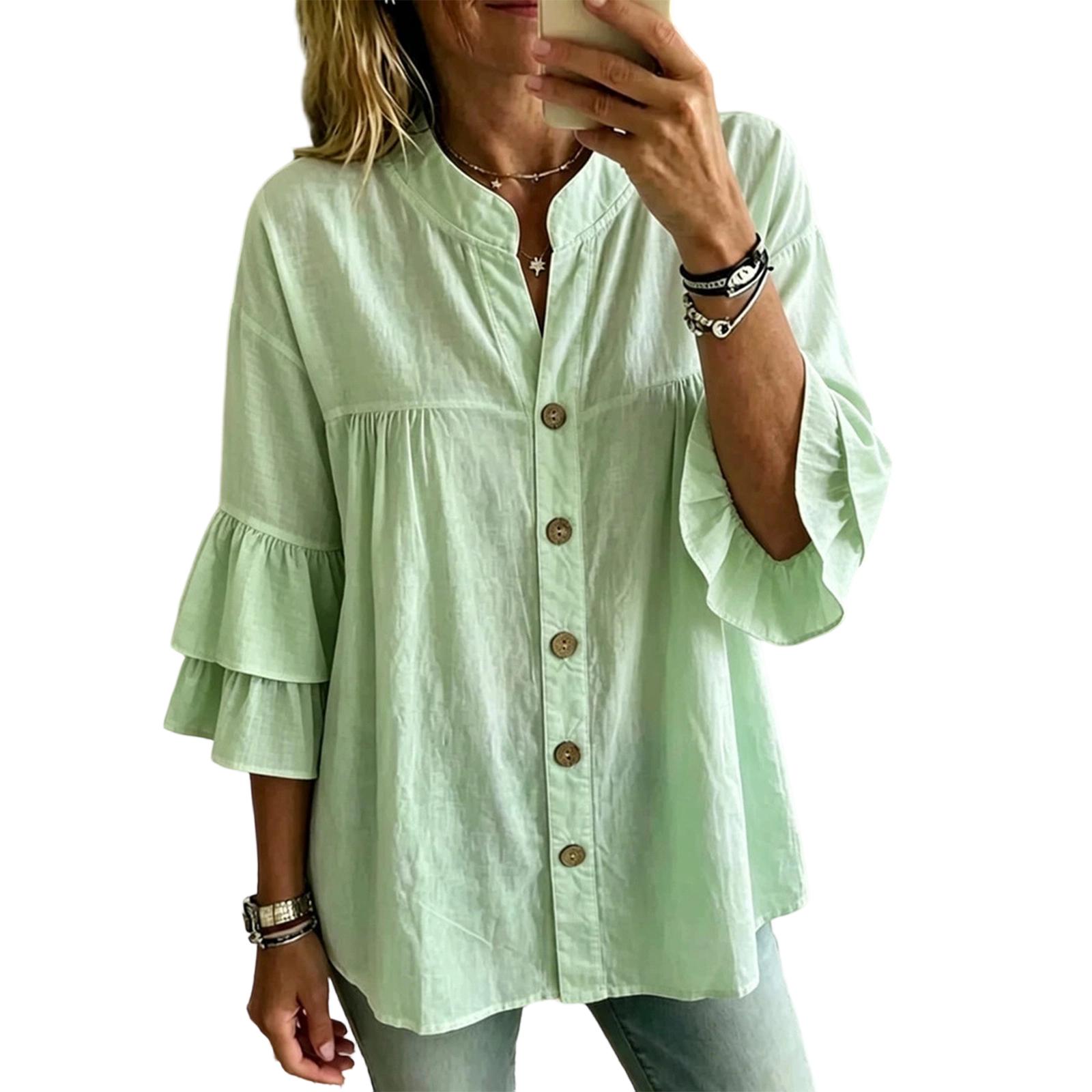 Casual Button Down Shirt V Neck Blouse Lightweight Long Sleeve Loose Fit Layered Sleeve Top for Women XXL