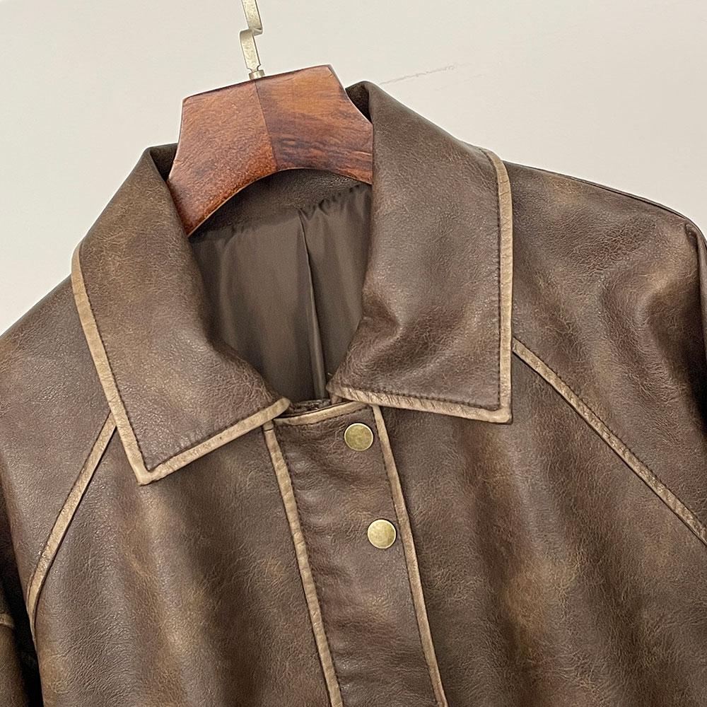 OFTBUY Women Vintage Loose Pu Faux Leather Short Jacket Pockets Motorcycle Jacket Female Zipper Retro Moto Biker Coat Outwear Tops