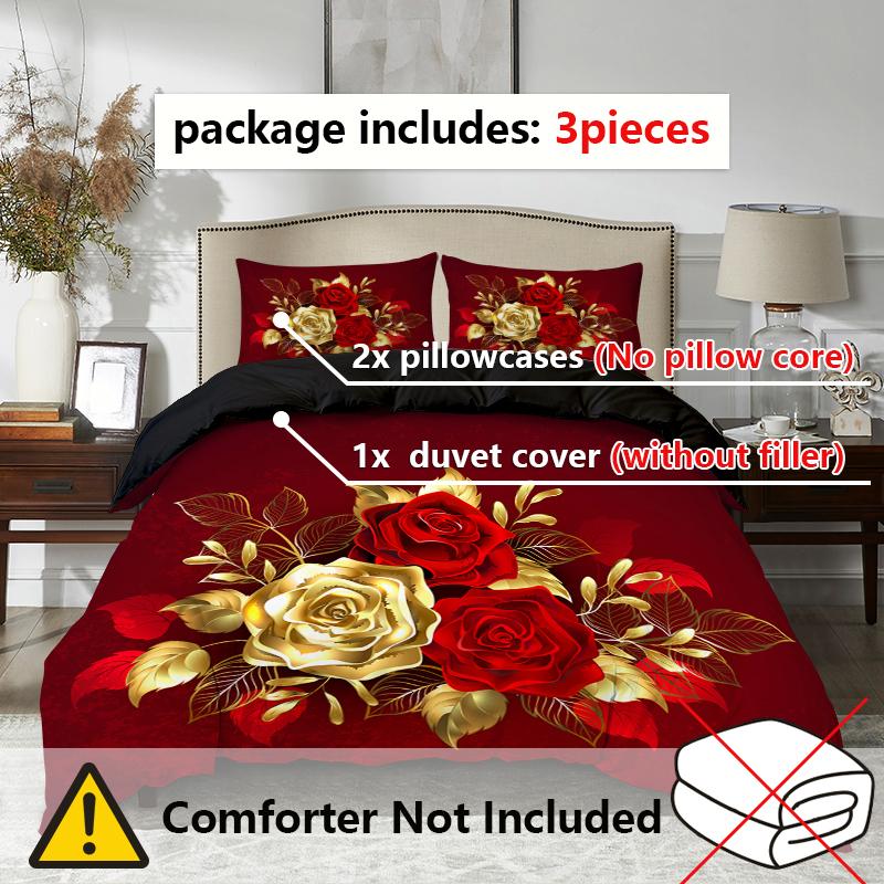 3pcs Golden Rose Duvet Cover SetSoft And Breathable Bedroom And Dormitory BeddingInclud (Duvet Cover*1+Pillowcase*2)
