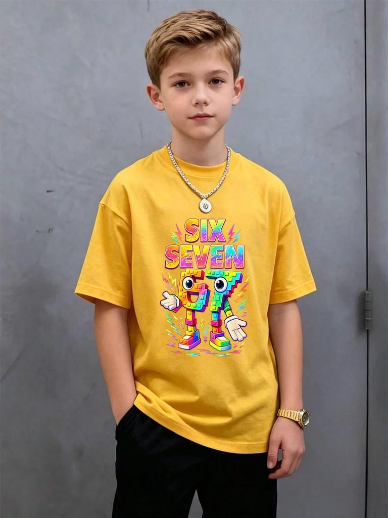 Six Seven 67 Funny Brainrot Italian Short Sleeve Kids Crewneck Tee Boys Girls Summer Cute Hot Street Age 3-14