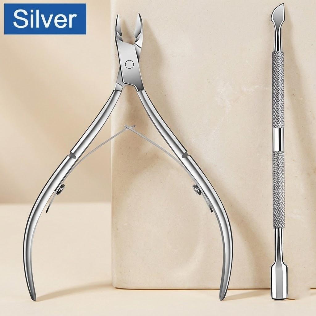 

2Pcs Cuticle Remover Tool Set Stainless Steel Cuticle Cutter Pusher Professional Nail Care Accessories серебряный