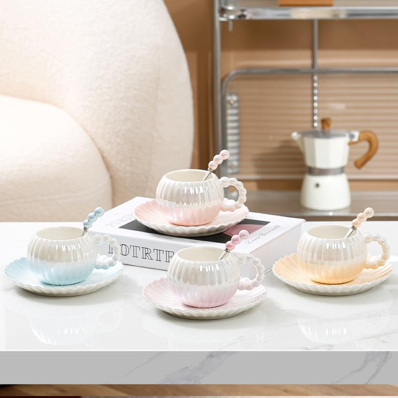 260Ml Ceramic Water Cup Coffee Cup Saucer Set Ins Pearlescent Glaze Afternoon Tea Cup Gift Box Ins Wind Set