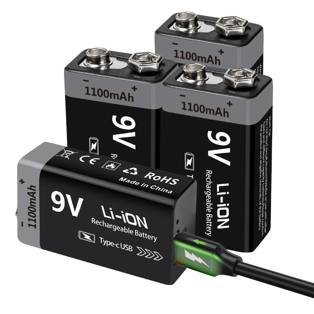 9V Battery Rechargeable 1100mAh USB Type-C 6F22 9V Li-ion Battery for Multimeter, RC Toys, Guitar Pedal, Microphone