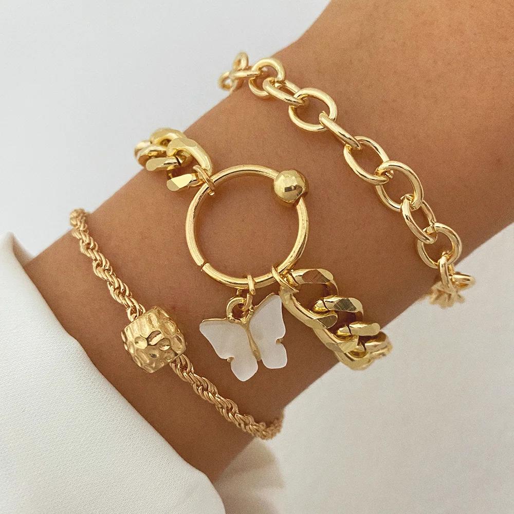 Punk Golden Metal Thick Chain Bracelets for Women Men Pentagram Heart Beads Pendant Charm Bracelet Set Fashion Jewelry
