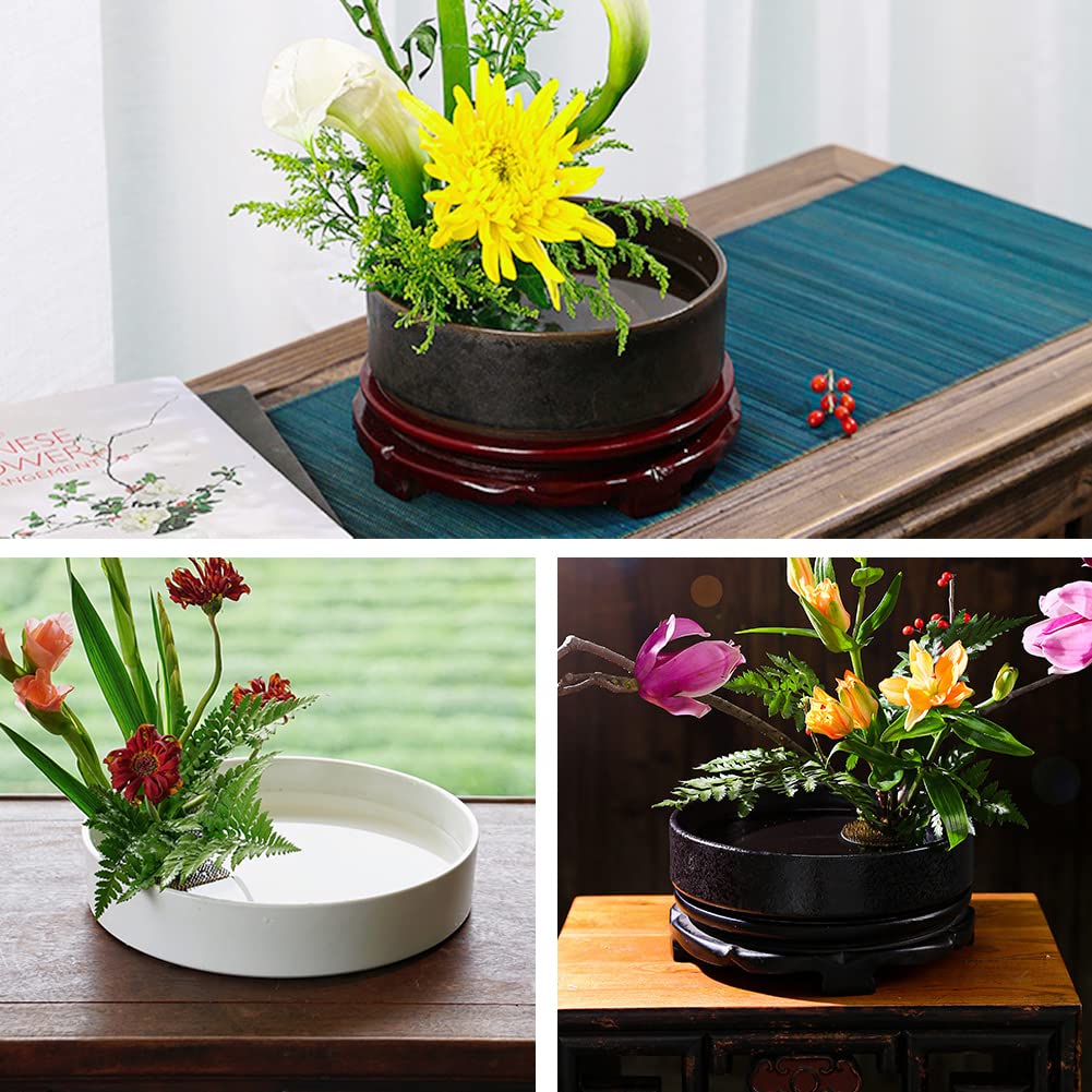 YUYAKESHI Flower Vase, Ceramic Water Basin for Ikebana, Flower Arrangement, Tabletop Plate, Ohara Style, with Kenzan (Black Yellow, 20cm)