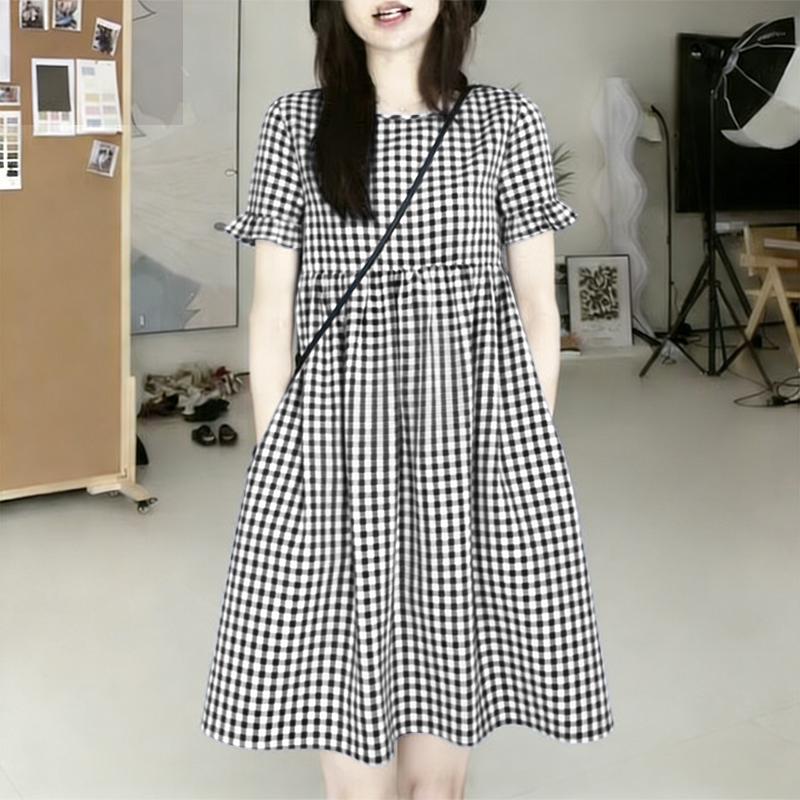 

ZANZEA Женское повседневное платье в клетку с круглым вырезом и коротким рукавом S чёрный
