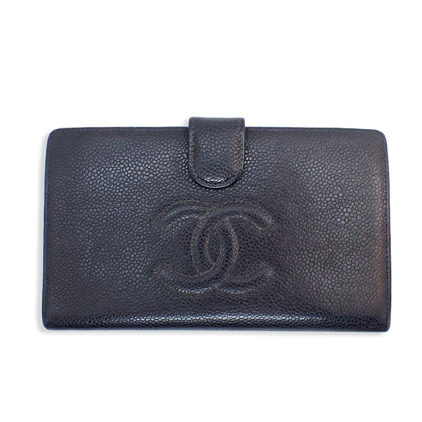

[Б/у] CHANEL Caviar skin черный x золотой мешочек здесь отметка длинный кошелек [b25-33]