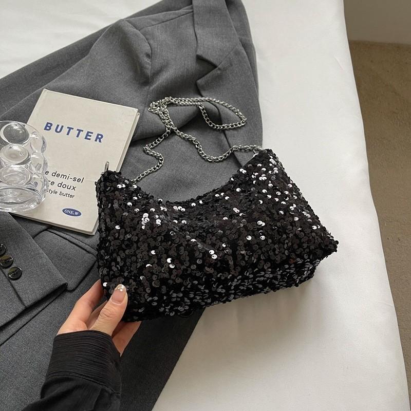 Unique Design Purse Women s 2024 New Spring Summer Versatile Single Shoulder Crossbody Bag Sparkling Chain Armpit Bag чёрный