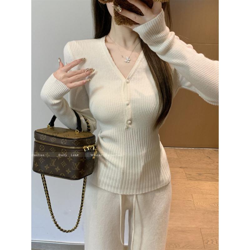 Chic collar gentle wind knitted sweater women's autumn and winter waist slim long sleeve bottom top