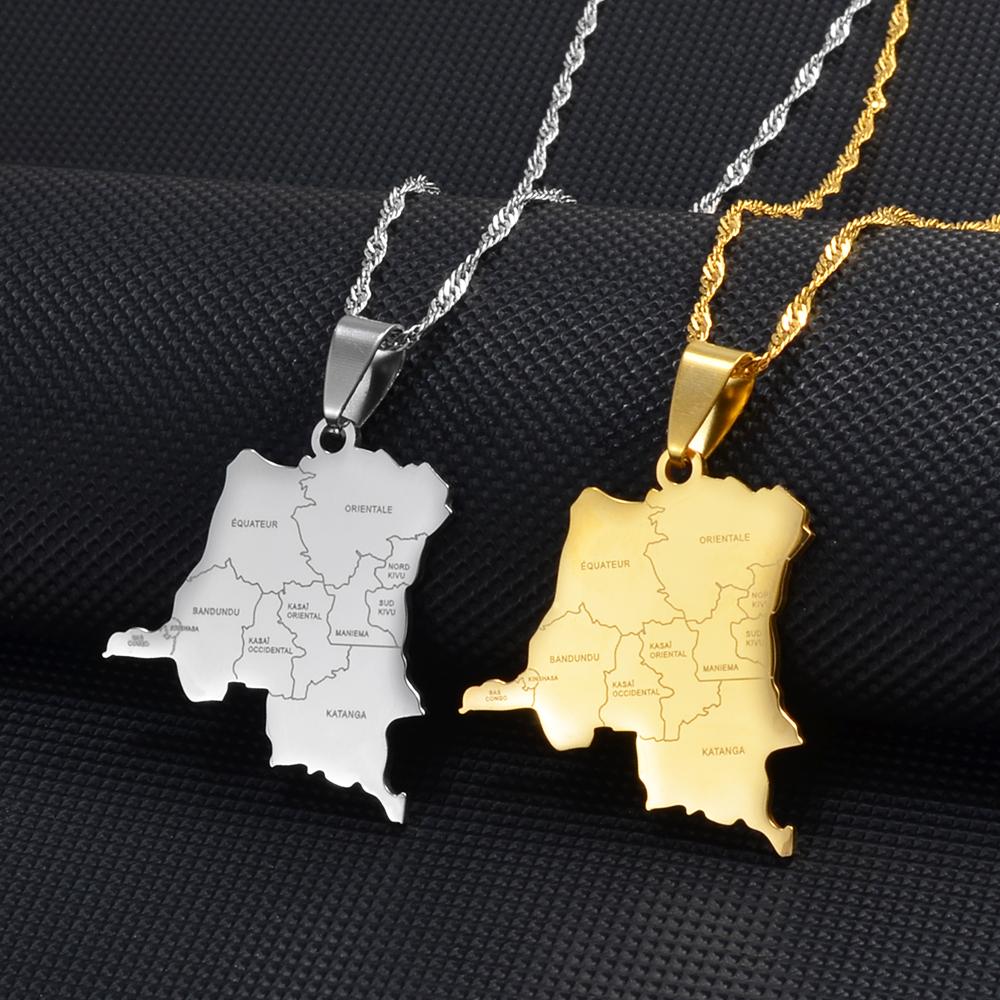 Anniyo the Congo Map With Cities Name Pendant Chain Necklaces DRC Kinshasa Jewelry Congolese #271321