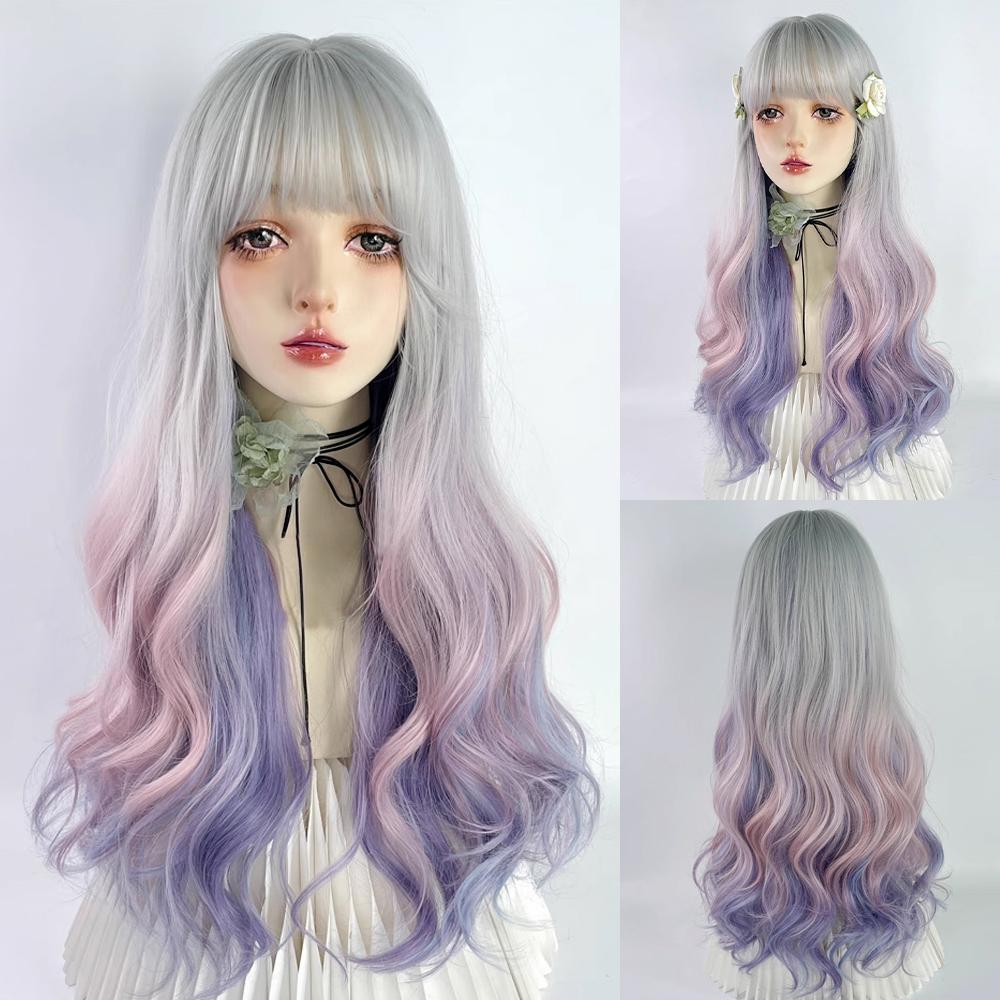 Professional  Rainbow Gray White Pink Purple Gradient Long Lolita Wavy Women Wig with Bangs Synthetic Fluffy Wig for Party Cosplay