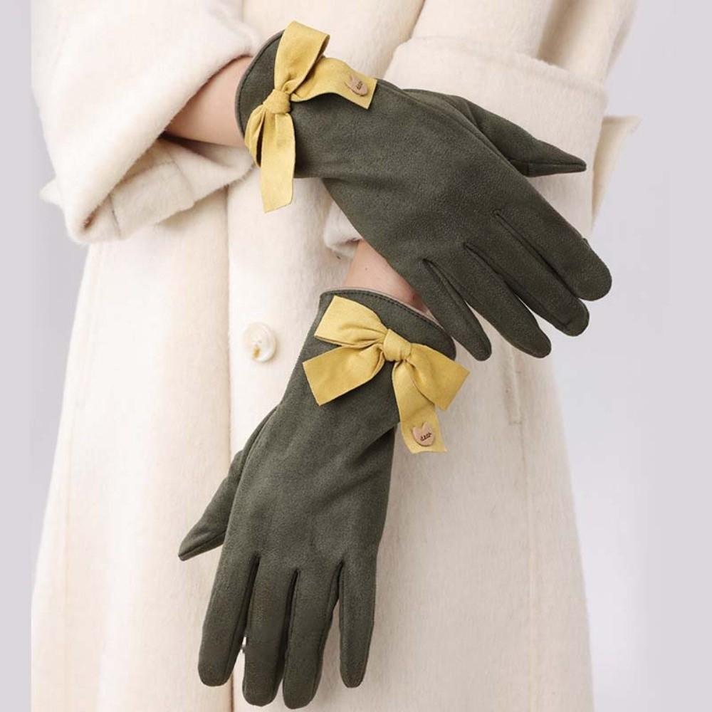 Plush Women Anti-cold Mittens Bow Thickened Suede Gloves Gift Windproof Finger Mittens  Autumn