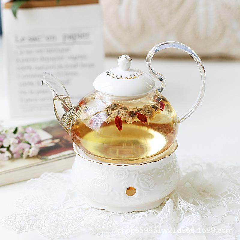 British Style Light Luxury Flower Teapot Tea Set Candle Heating Base Set Heat-resistant Glass Afternoon Tea Flower Fruit Teapot