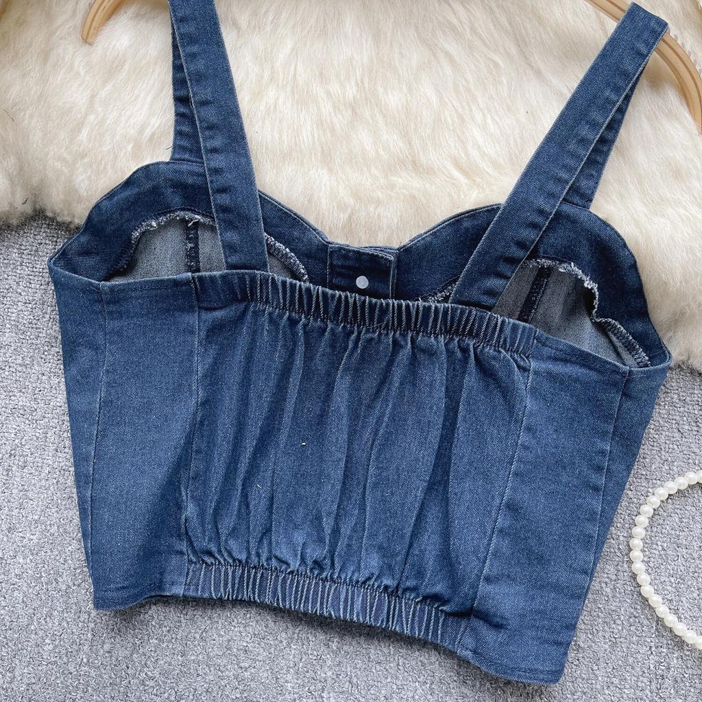 Hongkongský styl Retro Džínový top Dámský Design Jednořadé Slim fit Krátký Pupík Sexy Gyaru Sle Cami Móda