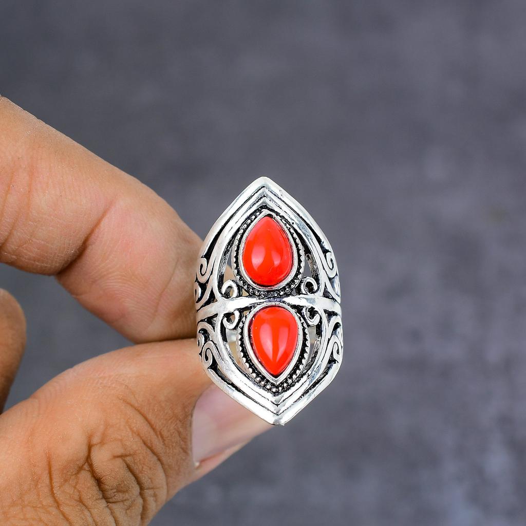 Red Coral Handmade 925 Sterling Silver Jewelry Ring Size 10 Gift For Her q0V16