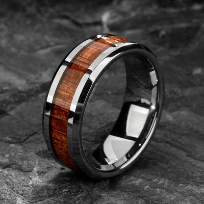 Anillo de Boda de Titanio Negro de 8 mm para Hombre con Incrustación de Madera Koa Banda de Acero Inoxidable Regalo de Aniversario