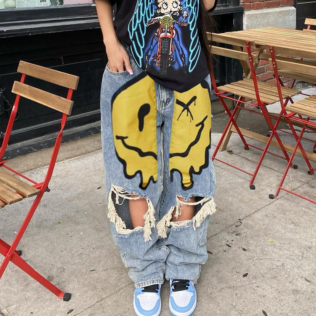 

Персонализированные уличные свободные широкие брюки в стиле хип-хоп, комбинированные джинсы с рваными отверстиями, 2582