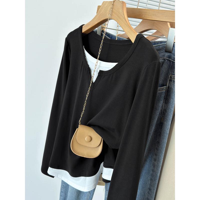 

2026 Spring Plus Size Women s Youthful Patchwork Long Sleeve Top XL чёрный