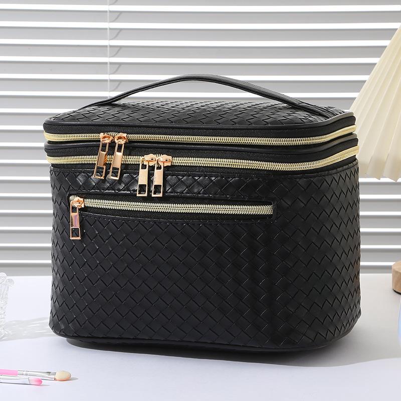 Flerfärgad dubbellagers PU-reseorganisatör för smycken och smink med vävd textur