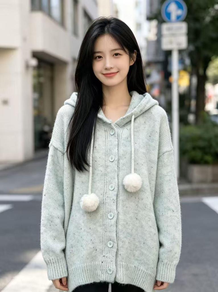 Lace-Up Hooded Sweater Coat – Women's Plus Size Autumn/Winter 2026 Knit Cardigan