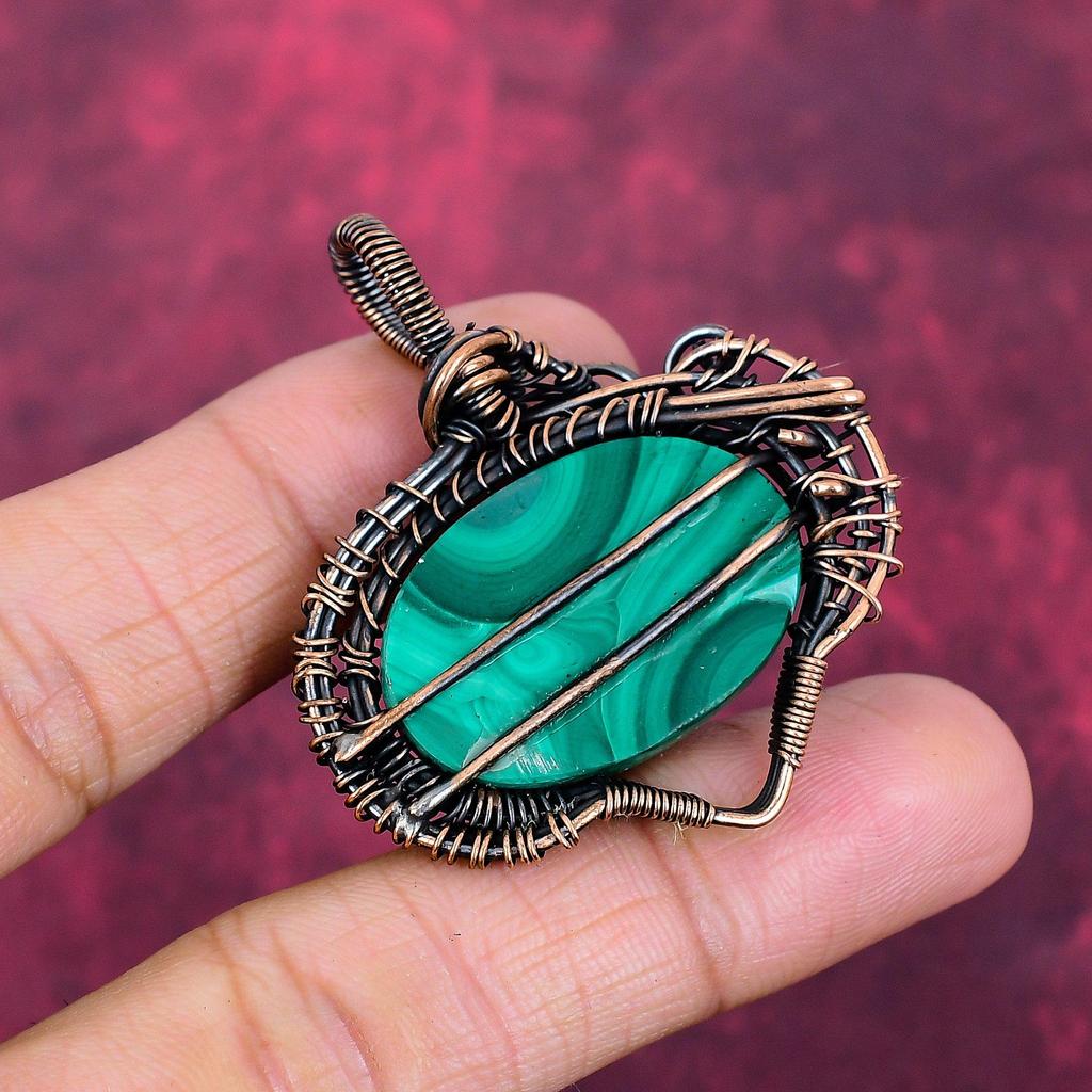 Malachite Gemstone Pendant Copper Wire Wrapped Pendant Handmade Antique Jewelry