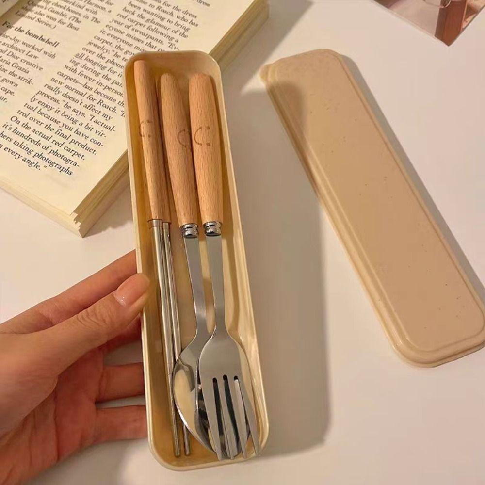 410 Stainless Steel Spoon Fork Chopstick Set with Dust-proof box Wooden Handle Tableware Set Portable Cutlery Set Student