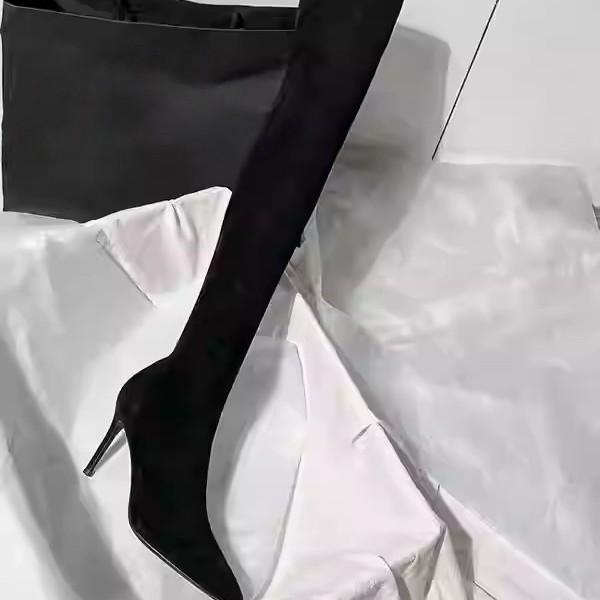 Black high-heeled knee boots women's new autumn and winter elastic suede pointed high boots