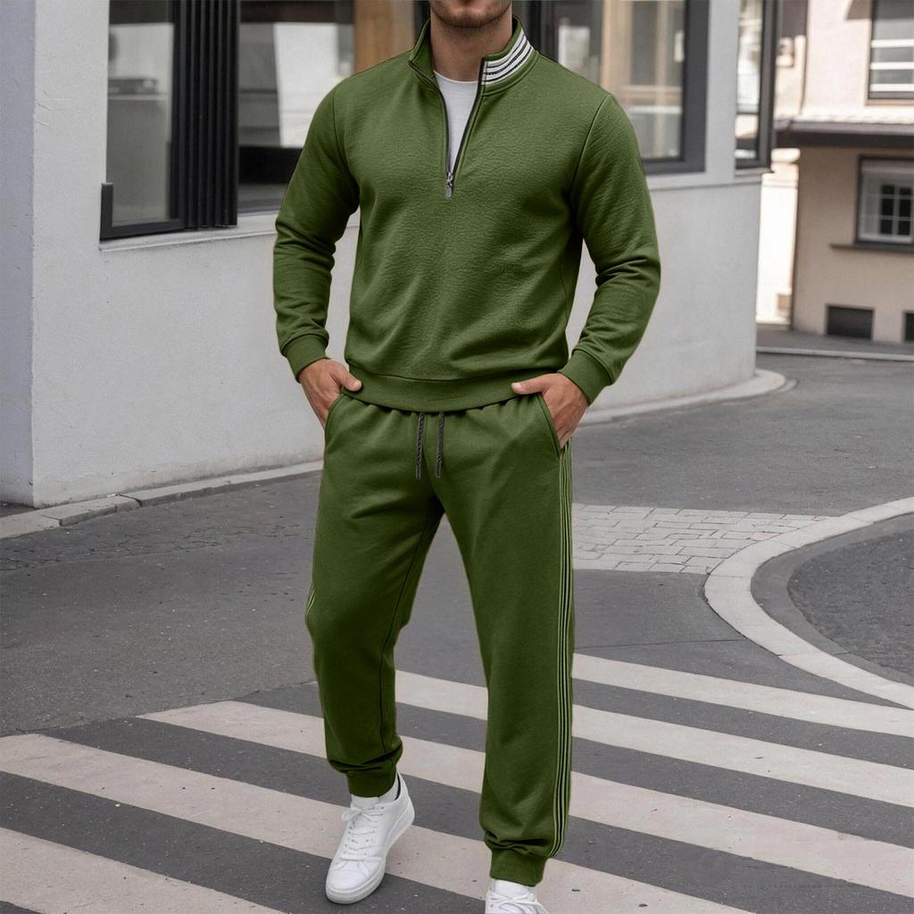 Men's 2 Piece Sweatsuit Set Fall Winter Striped Half Zip Stand Collar Sweatshirt and Sweatpants Casual Athletic Tracksuit