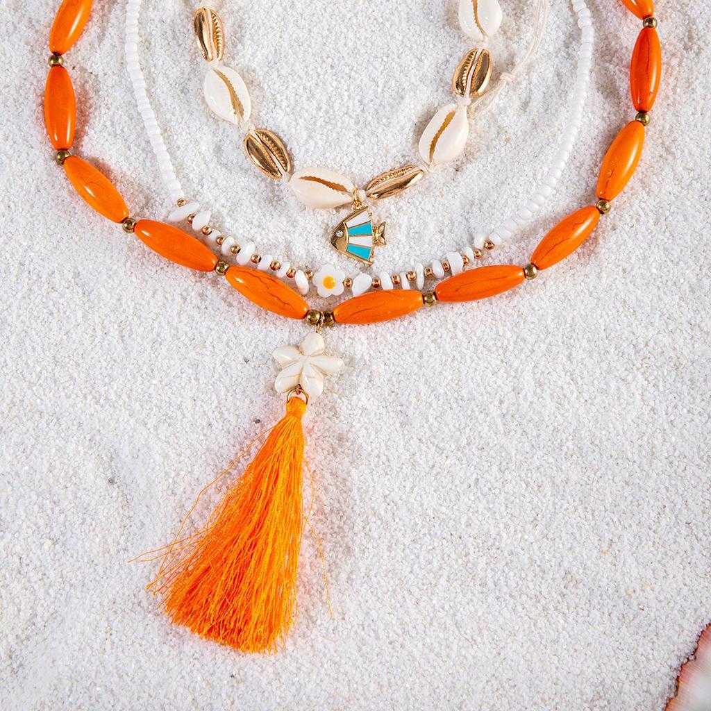 Sommer Neuer Strandurlaubsstil Ei Blume Muschel Seestern Anhänger Quaste Halskette Damen Schmuck Böhmischer Stil Anhänger Dreiteiliges Set Halskette