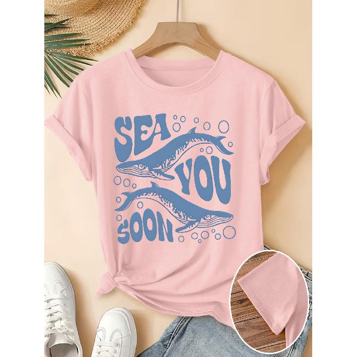 Women's Elegant Short-Sleeve Gift with Bubble Blue Whale Fun English Print Pattern and Vintage Round Neck T Fresh and Natural Style Loose-fitting
