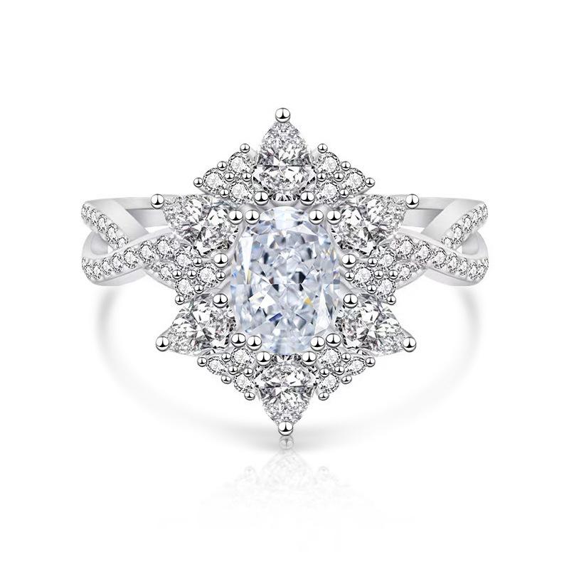 925 Sterling Silver Fashion Ice Flower Cut Zircon Snowflake Ring Birthday Party Anniversary Gift resizable белый
