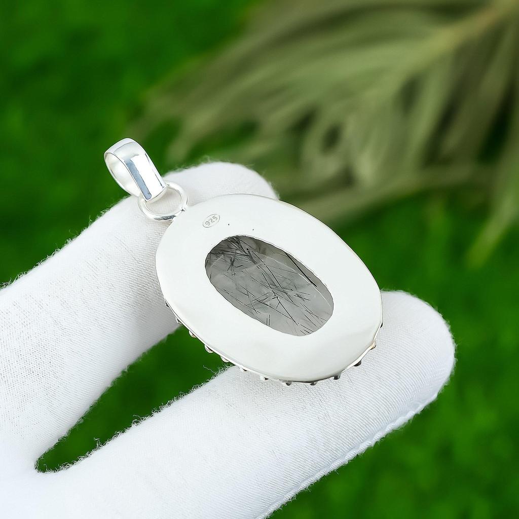 Natural Black Rutile Gemstone Jewelry 925 Sterling Silver Pendant For Girls