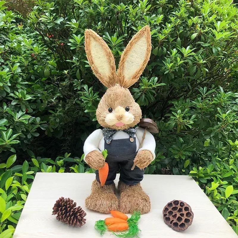 Easter Bunny on Swing Handmade Woven Grass Rabbit Creative Figurine Home Decor Hanging Ornament Forest Theme Gift Souvenir