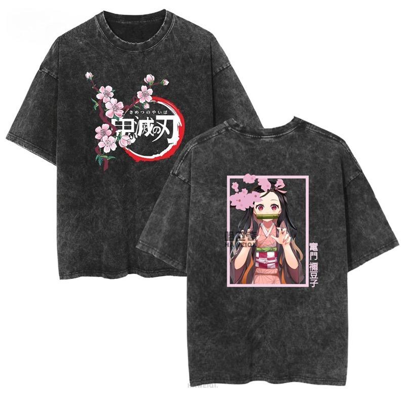 

Demon Slayer Kimetsu No Yaiba Retro Washed and Old Cotton Tshirt Summer Shortsleeved Animation Tshirt Unisex Street Harajuku M