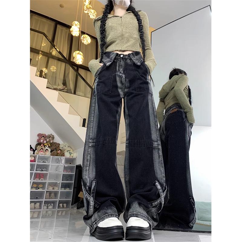 

Женские джинсы больших размеров с высокой посадкой, длиной до пола - Свободные, стройнящие, прямые и широкие штанины, идеально подходят для весны и осени. S